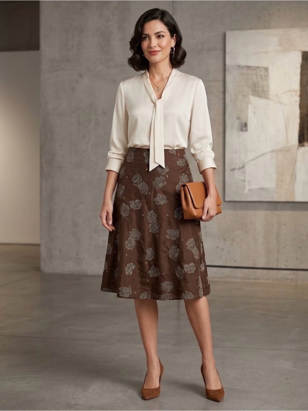 Y2K Dressbarn Woman Brown Cottagecore Embroidered Midi Skirt